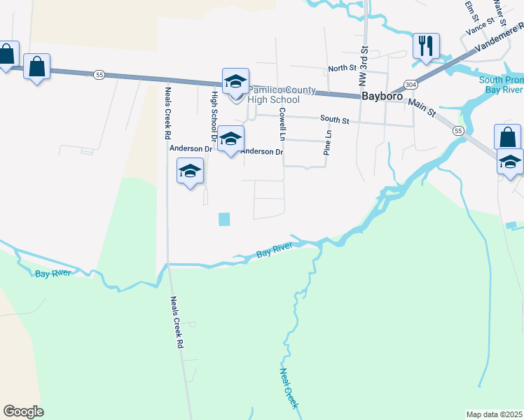 map of restaurants, bars, coffee shops, grocery stores, and more near 407 Debbie Street in Bayboro