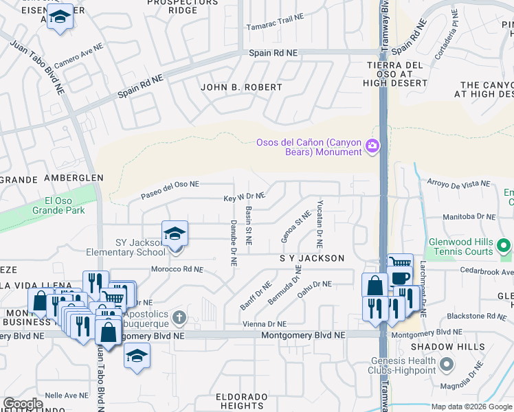 map of restaurants, bars, coffee shops, grocery stores, and more near 12012 Key West Drive Northeast in Albuquerque