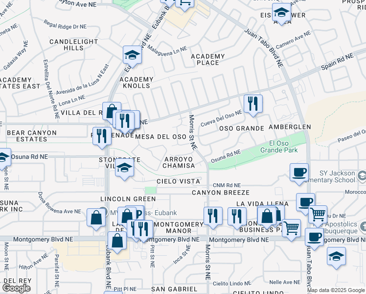 map of restaurants, bars, coffee shops, grocery stores, and more near 5128 Mesa Del Oso Road Northeast in Albuquerque