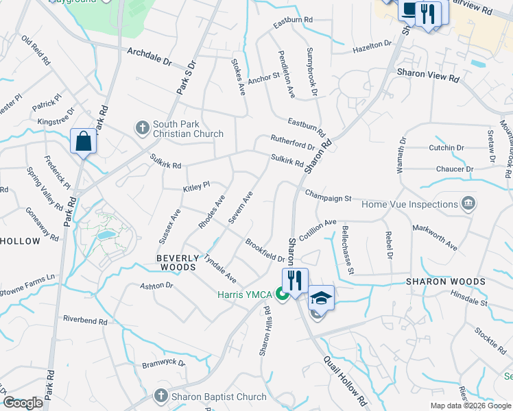 map of restaurants, bars, coffee shops, grocery stores, and more near 4101 Insley Court in Charlotte
