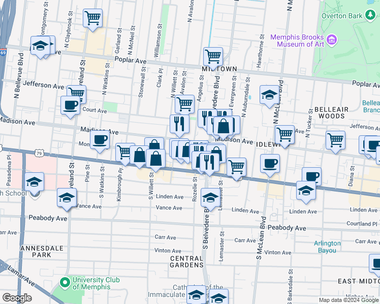 map of restaurants, bars, coffee shops, grocery stores, and more near 1661 Madison Avenue in Memphis