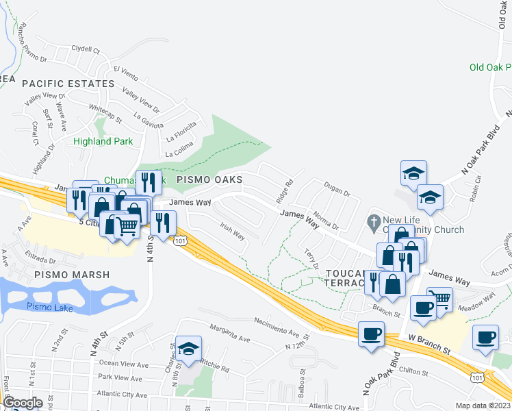 map of restaurants, bars, coffee shops, grocery stores, and more near 724 Vista Pacifica Circle in Pismo Beach