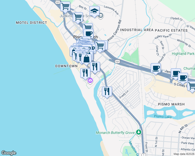 map of restaurants, bars, coffee shops, grocery stores, and more near 267 Cypress Street in Pismo Beach