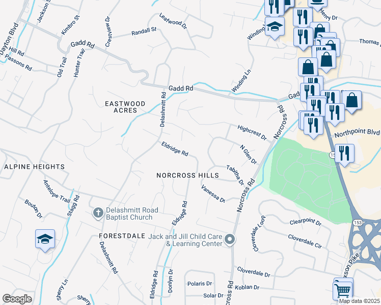 map of restaurants, bars, coffee shops, grocery stores, and more near 5104 Eldridge Road in Chattanooga