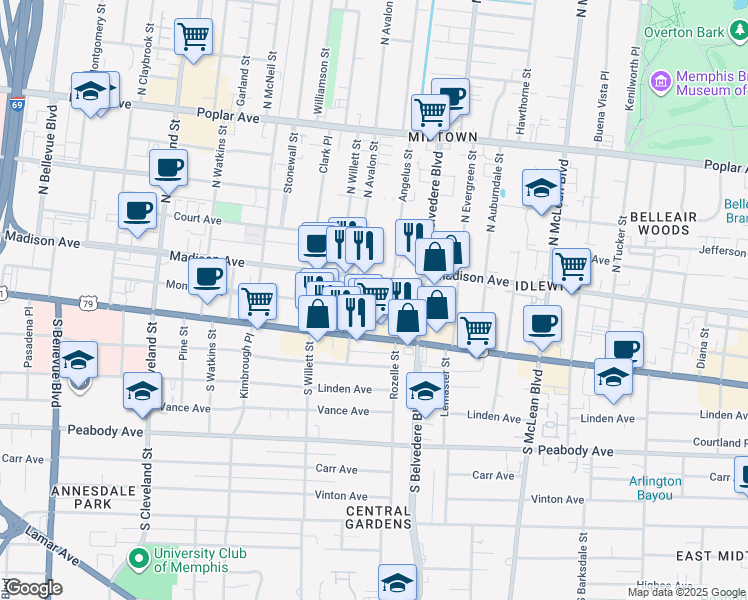 map of restaurants, bars, coffee shops, grocery stores, and more near 1626 Monroe Avenue in Memphis