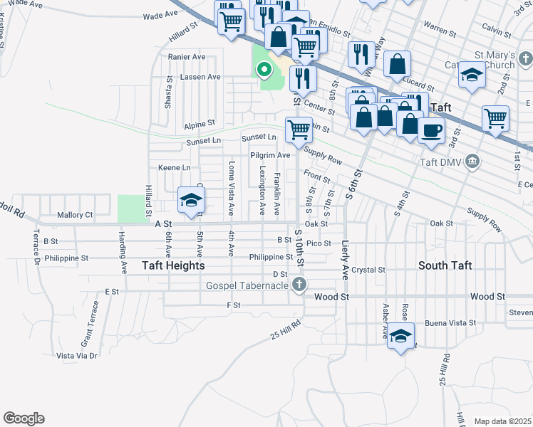 map of restaurants, bars, coffee shops, grocery stores, and more near 132 Lexington Avenue in Taft