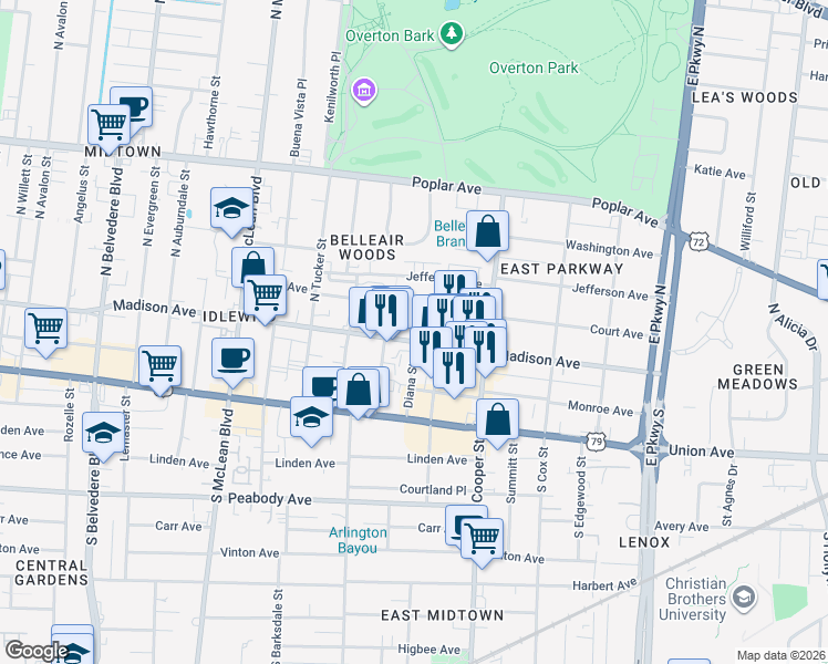 map of restaurants, bars, coffee shops, grocery stores, and more near in Memphis