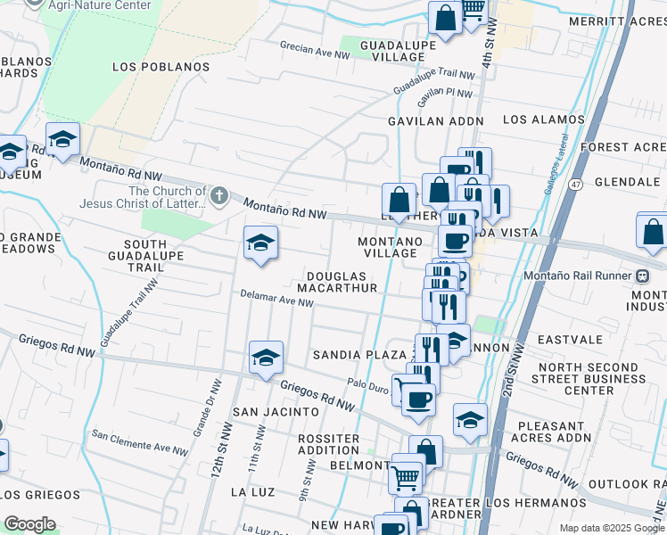 map of restaurants, bars, coffee shops, grocery stores, and more near 5322 9th Street Northwest in Albuquerque