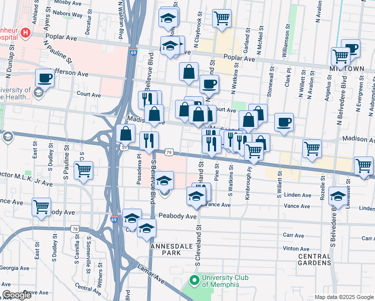 map of restaurants, bars, coffee shops, grocery stores, and more near 1307 Monroe Avenue in Memphis