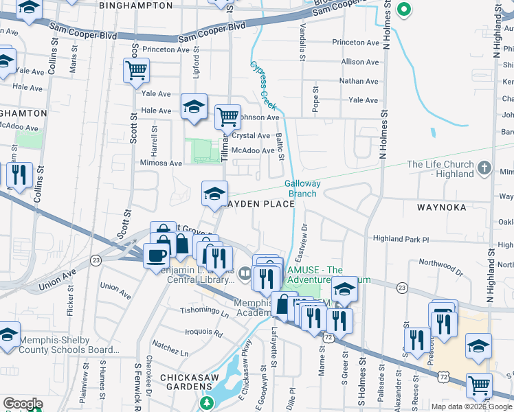 map of restaurants, bars, coffee shops, grocery stores, and more near 3068 Waynoka Avenue in Memphis