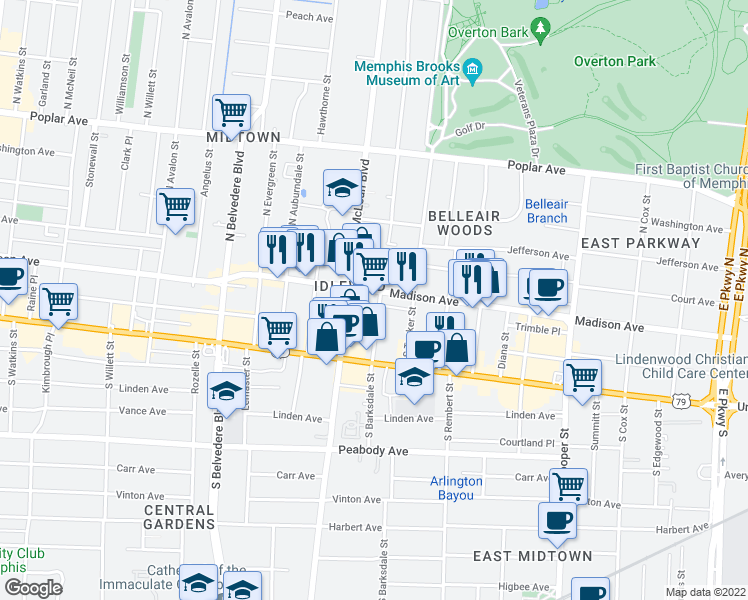 map of restaurants, bars, coffee shops, grocery stores, and more near 1883 Madison Avenue in Memphis