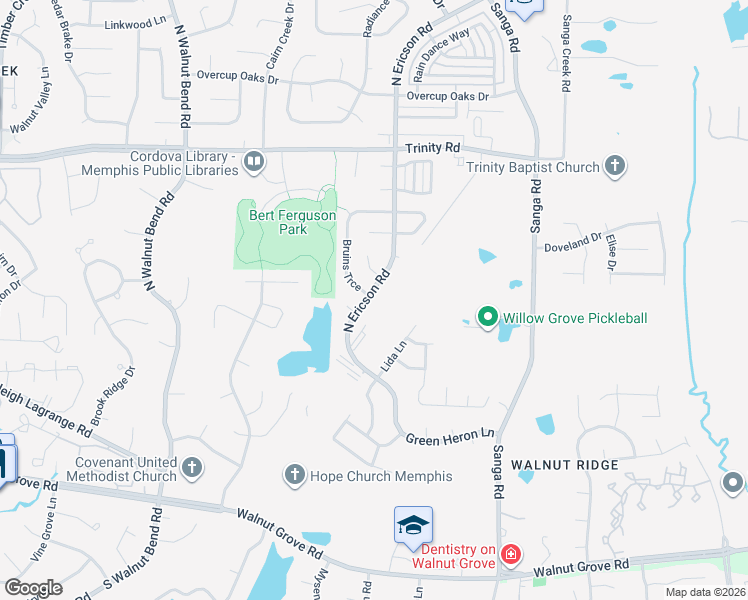 map of restaurants, bars, coffee shops, grocery stores, and more near 423 Bruins Trce in Memphis