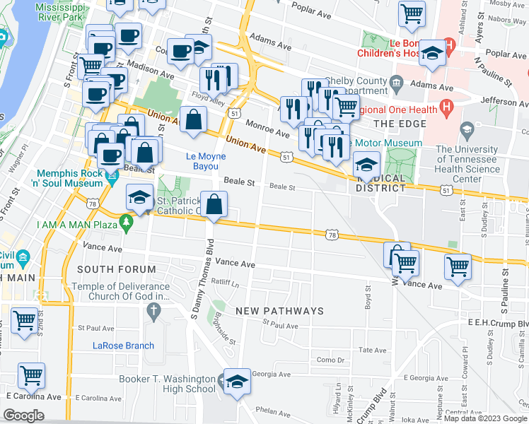 map of restaurants, bars, coffee shops, grocery stores, and more near 234 South Lauderdale Street in Memphis