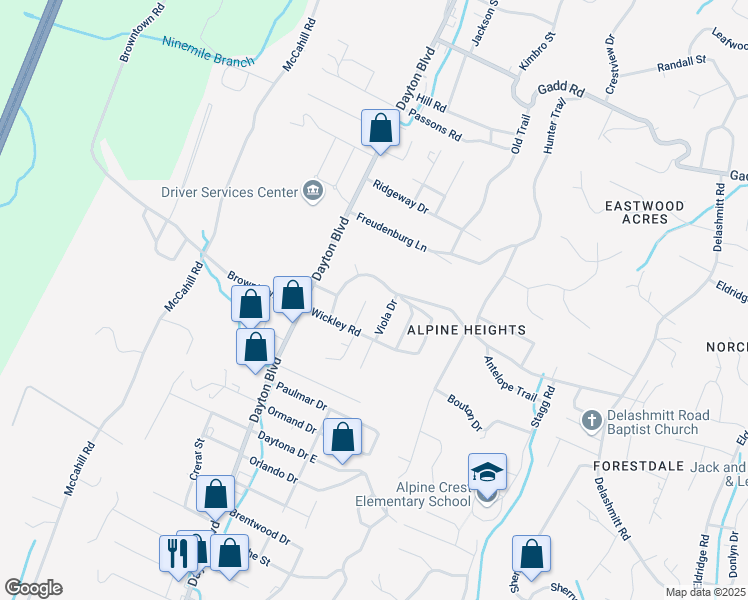 map of restaurants, bars, coffee shops, grocery stores, and more near 4810 Curtis Circle in Chattanooga