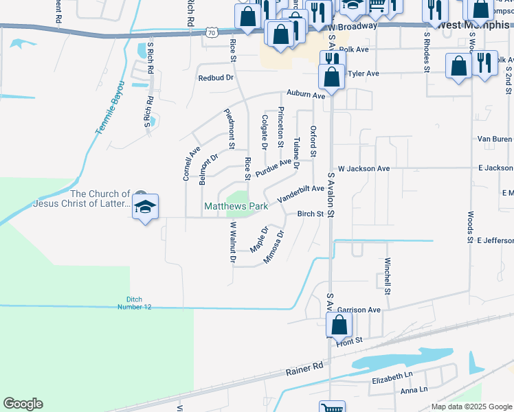 map of restaurants, bars, coffee shops, grocery stores, and more near 612 Rice Street in West Memphis