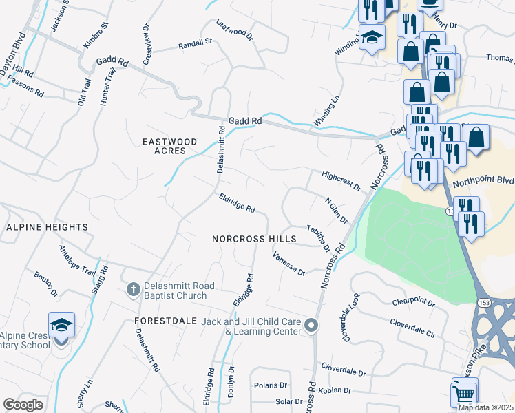 map of restaurants, bars, coffee shops, grocery stores, and more near 5104 Eldridge Road in Chattanooga