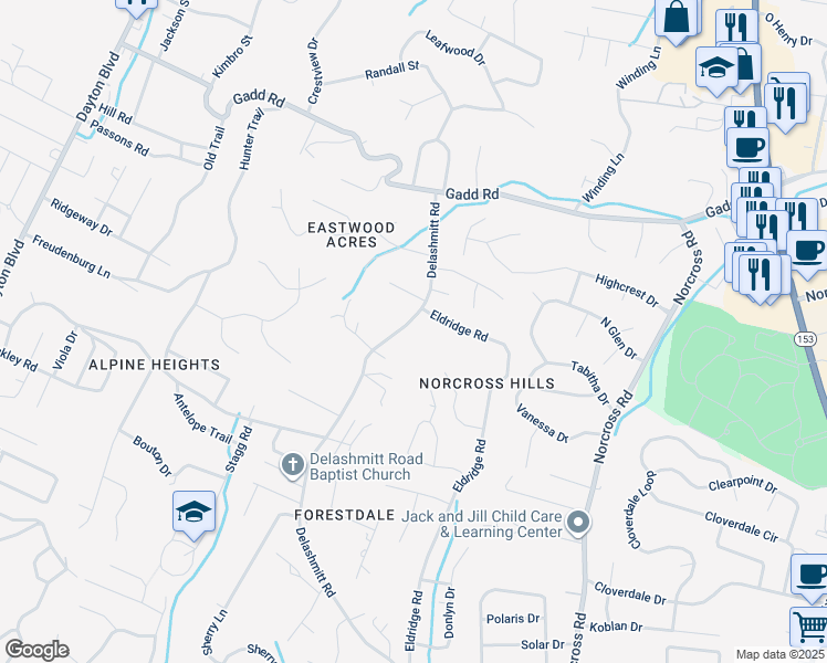 map of restaurants, bars, coffee shops, grocery stores, and more near 5114 Delashmitt Road in Chattanooga