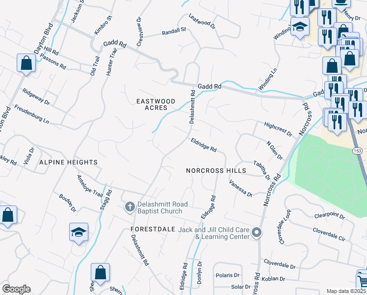 map of restaurants, bars, coffee shops, grocery stores, and more near 5114 Delashmitt Road in Chattanooga