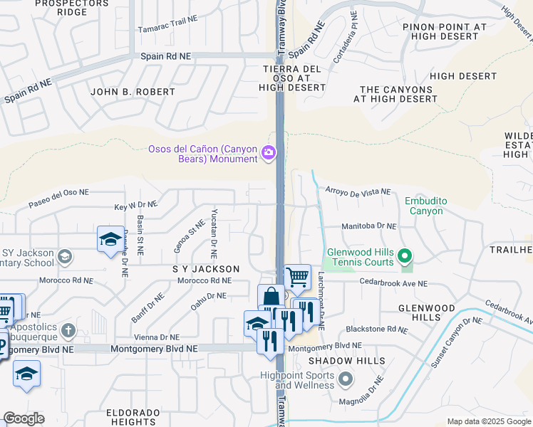 map of restaurants, bars, coffee shops, grocery stores, and more near 4910 Tramway Ridge Drive Northeast in Albuquerque