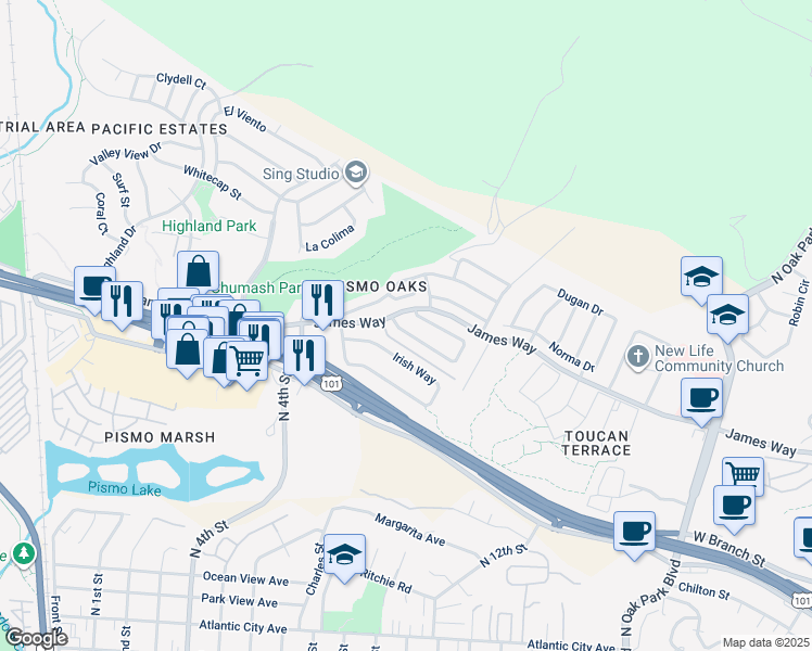 map of restaurants, bars, coffee shops, grocery stores, and more near 619 Vista Pacifica Circle in Pismo Beach