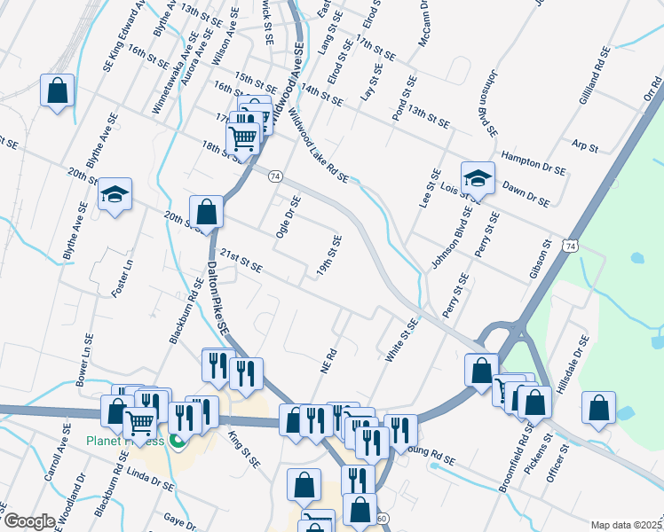 map of restaurants, bars, coffee shops, grocery stores, and more near 1447 19th Street Southeast in Cleveland