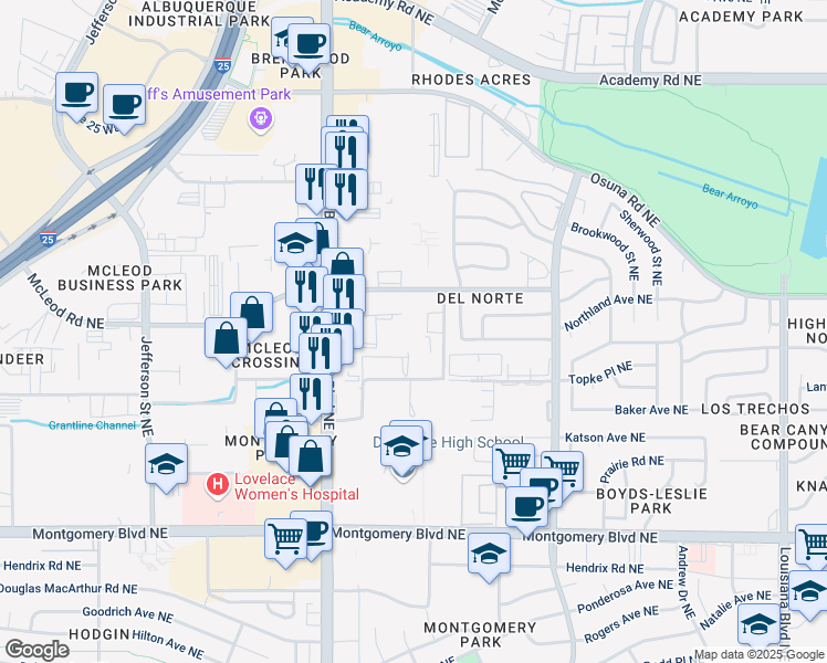 map of restaurants, bars, coffee shops, grocery stores, and more near 5001 San Mateo Lane Northeast in Albuquerque