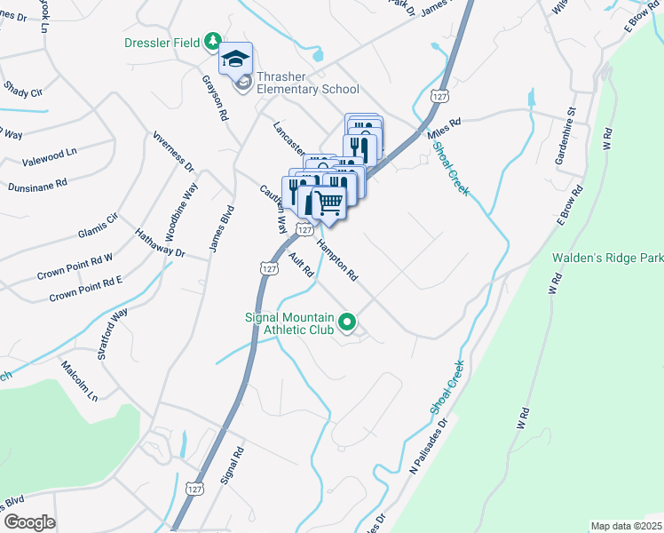 map of restaurants, bars, coffee shops, grocery stores, and more near 433 Hampton Road in Signal Mountain