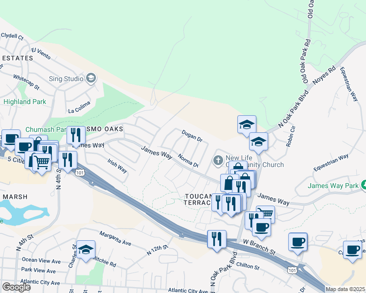 map of restaurants, bars, coffee shops, grocery stores, and more near 234 Christine Way in Pismo Beach
