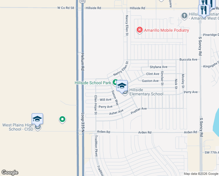 map of restaurants, bars, coffee shops, grocery stores, and more near Digby Lane in Amarillo