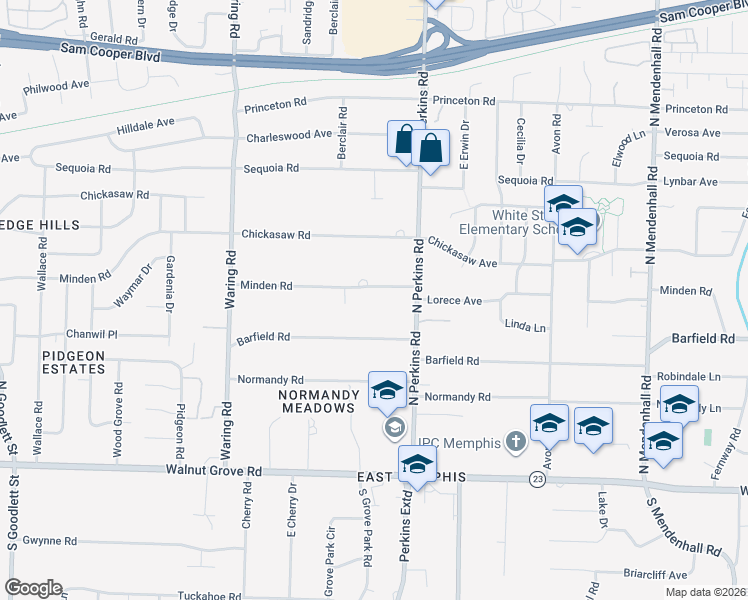 map of restaurants, bars, coffee shops, grocery stores, and more near 4561 Minden Road in Memphis