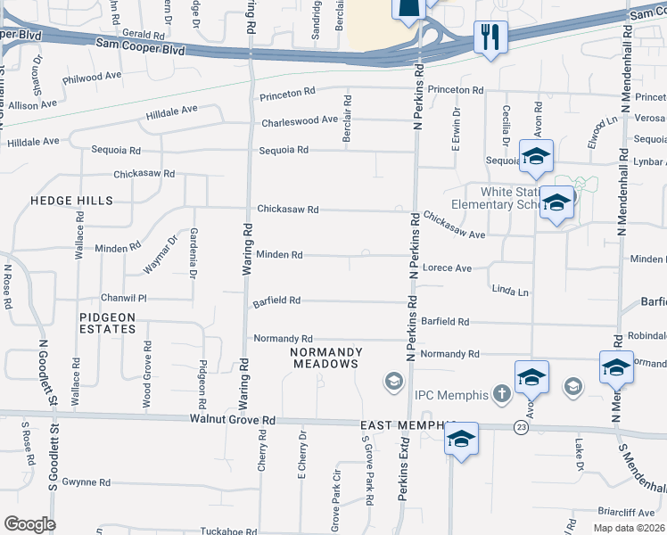 map of restaurants, bars, coffee shops, grocery stores, and more near 4511 Minden Road in Memphis