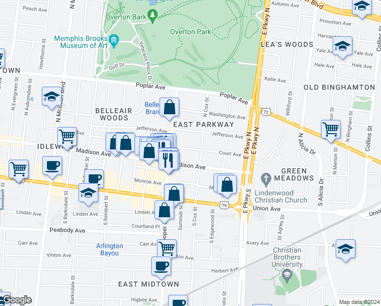 map of restaurants, bars, coffee shops, grocery stores, and more near in Memphis
