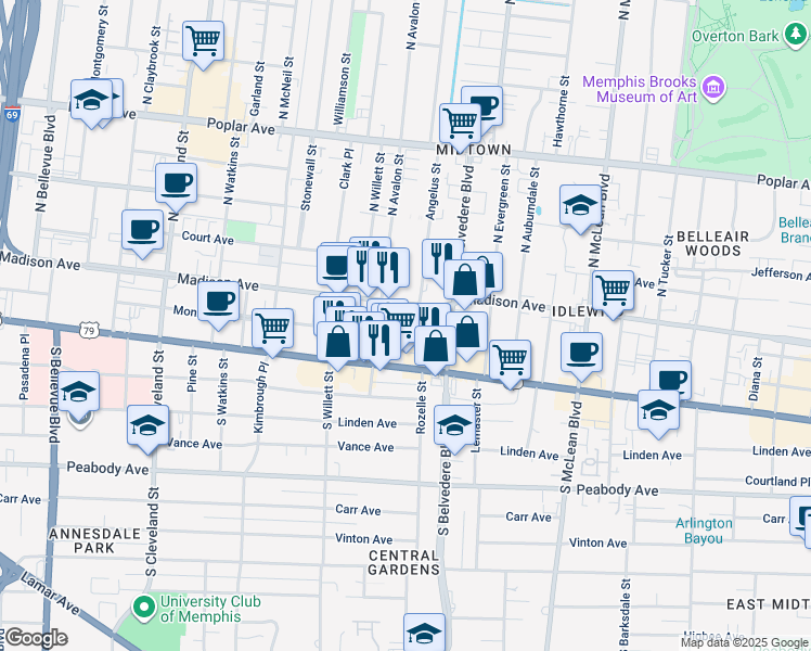 map of restaurants, bars, coffee shops, grocery stores, and more near 1615 Madison Avenue in Memphis