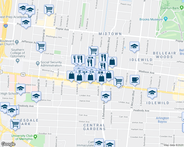 map of restaurants, bars, coffee shops, grocery stores, and more near 1615 Madison Avenue in Memphis