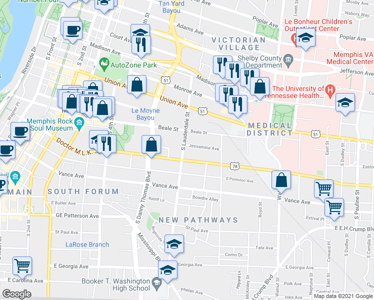 map of restaurants, bars, coffee shops, grocery stores, and more near 231 South Lauderdale Street in Memphis