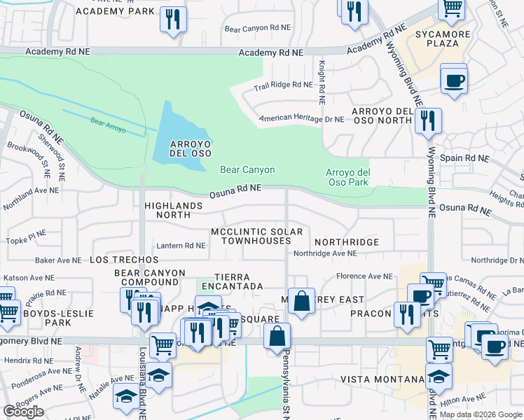 map of restaurants, bars, coffee shops, grocery stores, and more near 7504 Vista Del Arroyo Avenue Northeast in Albuquerque