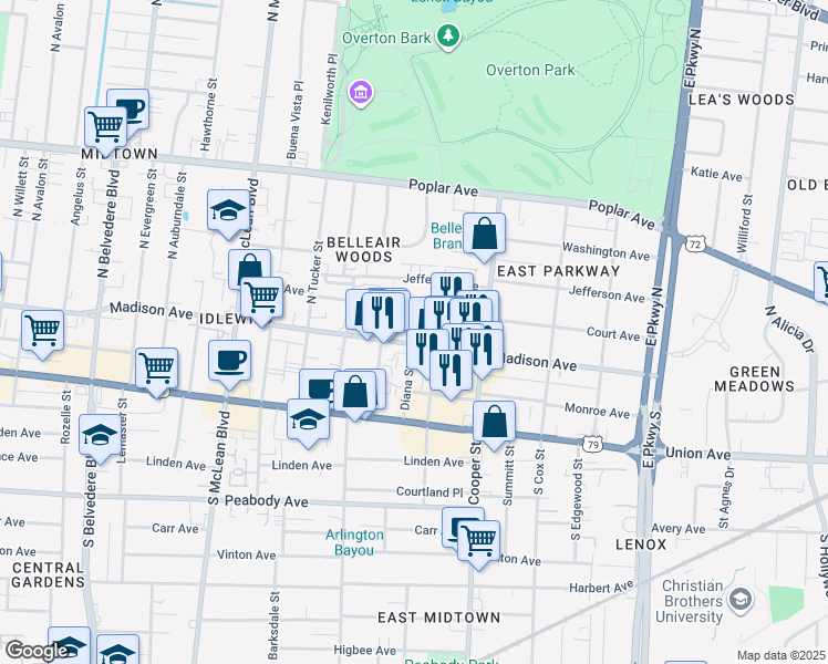map of restaurants, bars, coffee shops, grocery stores, and more near 2040 Madison Avenue in Memphis