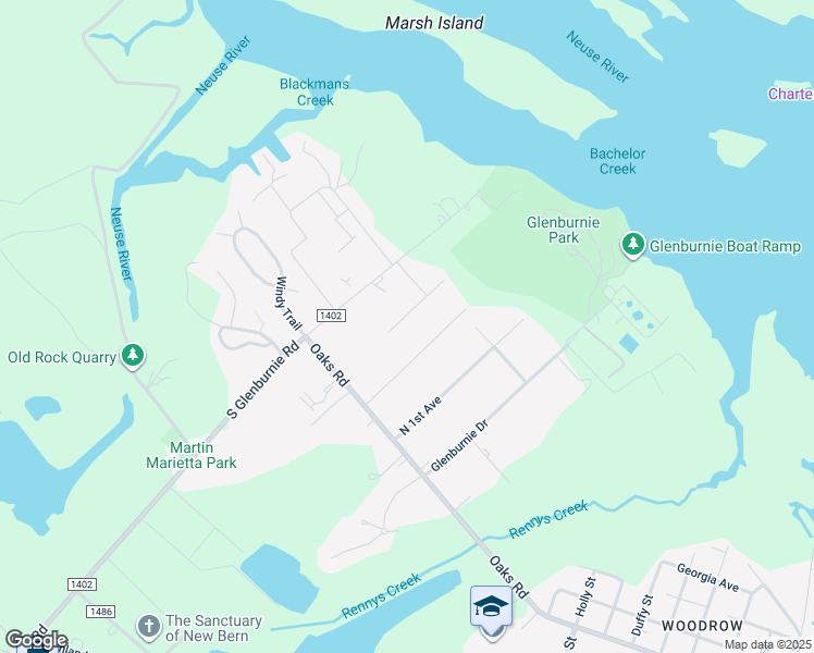 map of restaurants, bars, coffee shops, grocery stores, and more near 225 Attmore Drive in New Bern