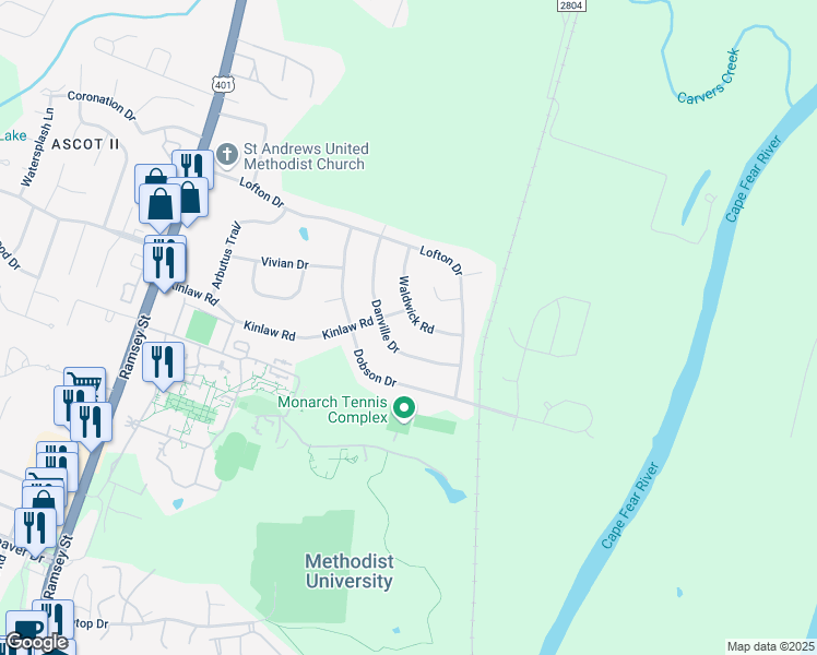 map of restaurants, bars, coffee shops, grocery stores, and more near 5719 Waldwick Road in Fayetteville