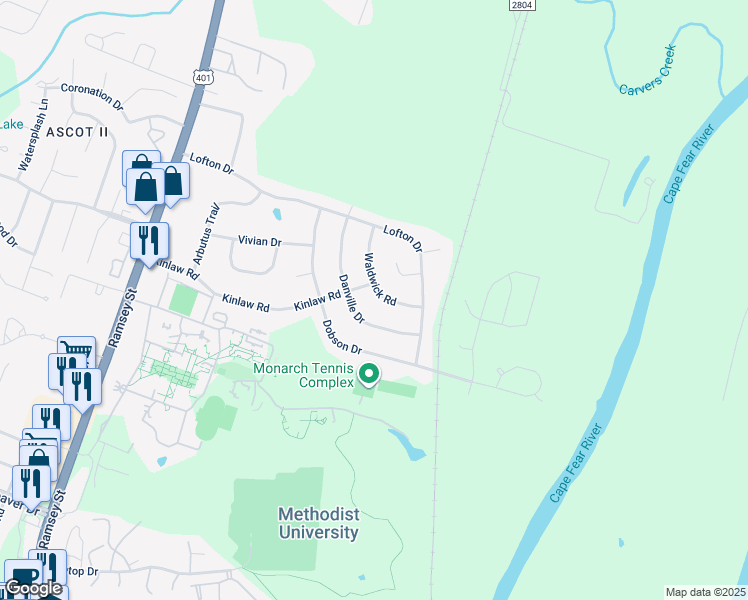 map of restaurants, bars, coffee shops, grocery stores, and more near 5719 Waldwick Road in Fayetteville