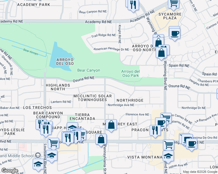 map of restaurants, bars, coffee shops, grocery stores, and more near 7608 Vista Del Arroyo Avenue Northeast in Albuquerque