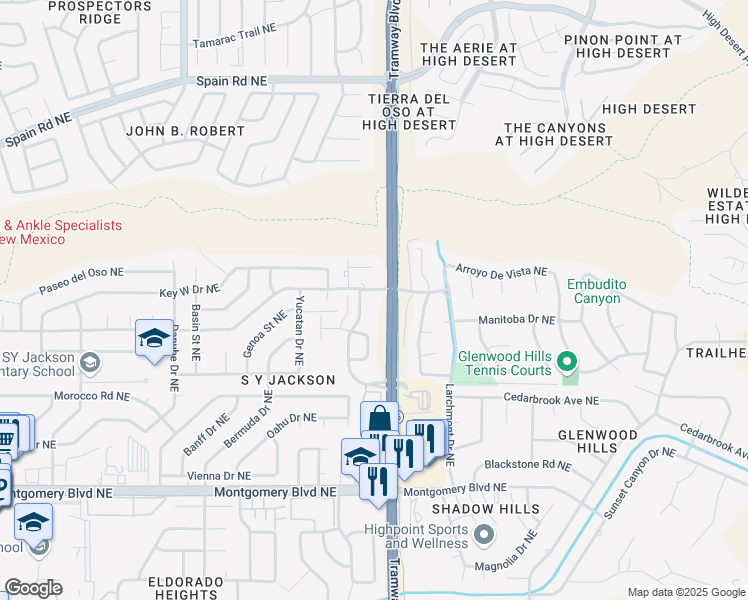 map of restaurants, bars, coffee shops, grocery stores, and more near 4910 Tramway Ridge Drive Northeast in Albuquerque