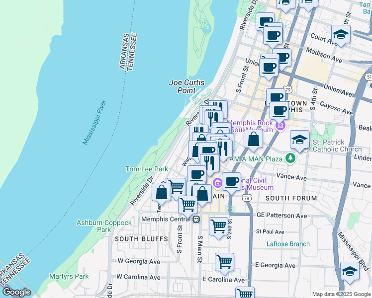 map of restaurants, bars, coffee shops, grocery stores, and more near 20 Huling Avenue in Memphis