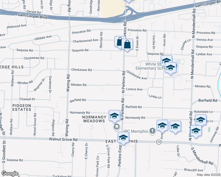 map of restaurants, bars, coffee shops, grocery stores, and more near 4561 Minden Road in Memphis