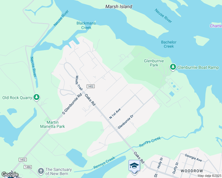 map of restaurants, bars, coffee shops, grocery stores, and more near 225 Attmore Drive in New Bern