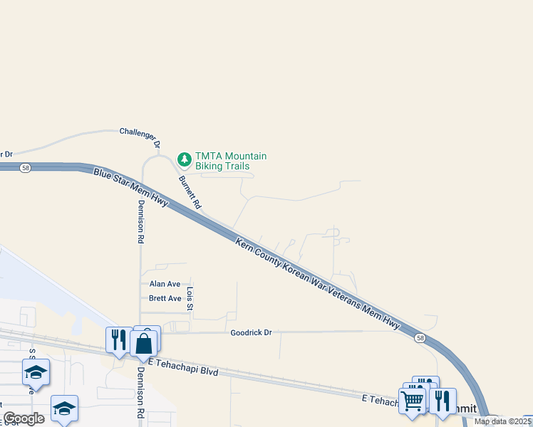 map of restaurants, bars, coffee shops, grocery stores, and more near 1240 Arabian Drive in Tehachapi