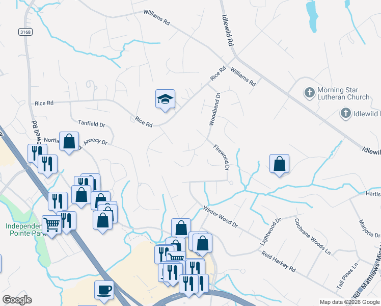 map of restaurants, bars, coffee shops, grocery stores, and more near 12514 Woodbend Drive in Matthews
