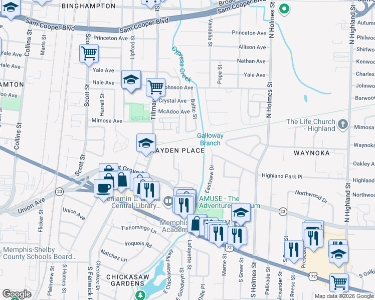map of restaurants, bars, coffee shops, grocery stores, and more near 203 Wills Street in Memphis