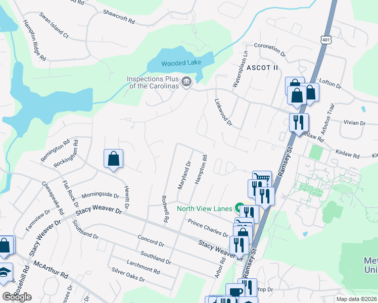 map of restaurants, bars, coffee shops, grocery stores, and more near 5413 Maryland Drive in Fayetteville