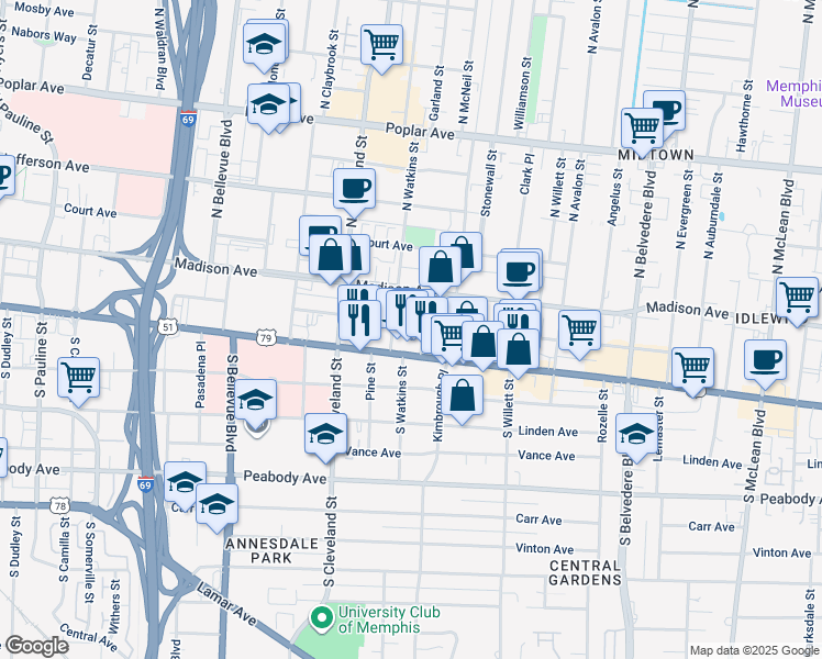 map of restaurants, bars, coffee shops, grocery stores, and more near 1407 Monroe Avenue in Memphis